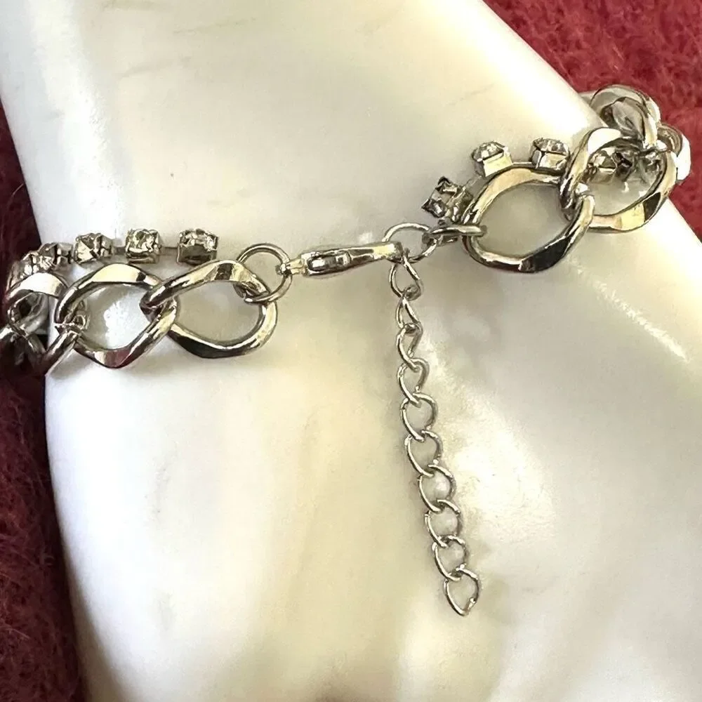 Silver rhinestone double strand bracelet silver tone